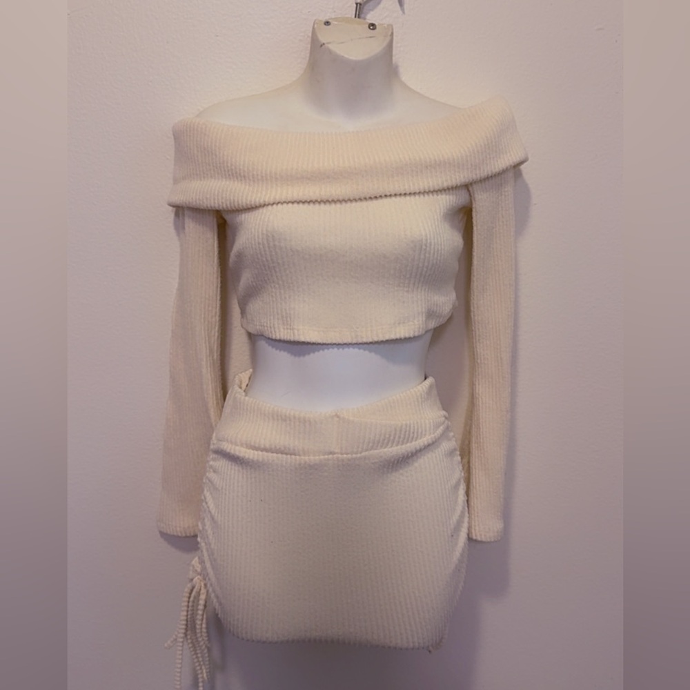Cream Ribbed Off-Shoulder Crop Top & Mini Skirt Set